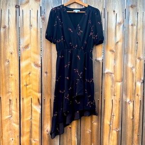 Romantic Asymmetrical High Low Black Pink Ditsy Floral Faux Wrap Mini Dress M